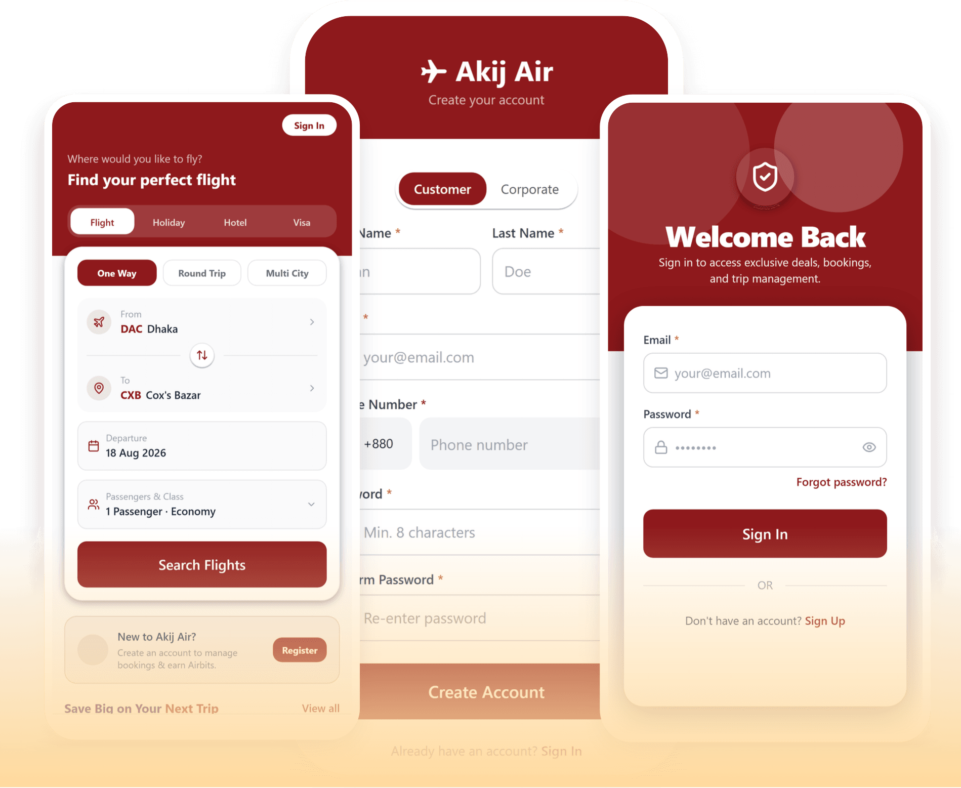 Akij Air app screens: flight search, sign up and sign in