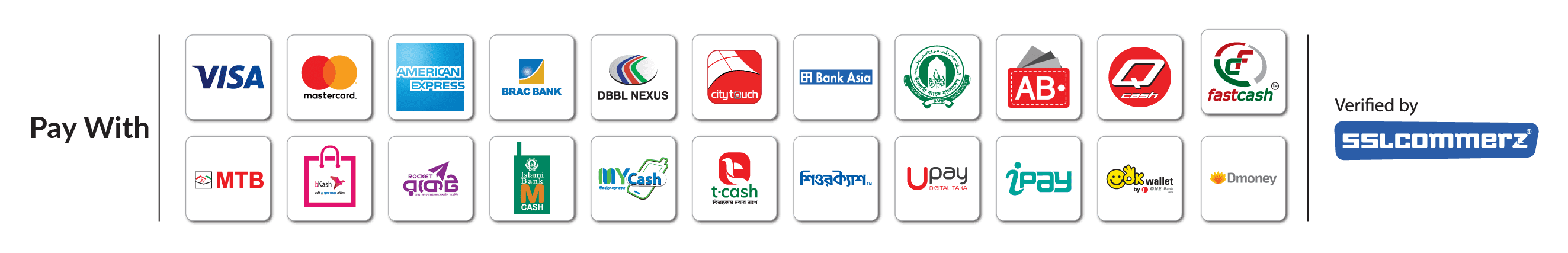 Pay with cards, banks and mobile wallets — verified by SSLCOMMERZ