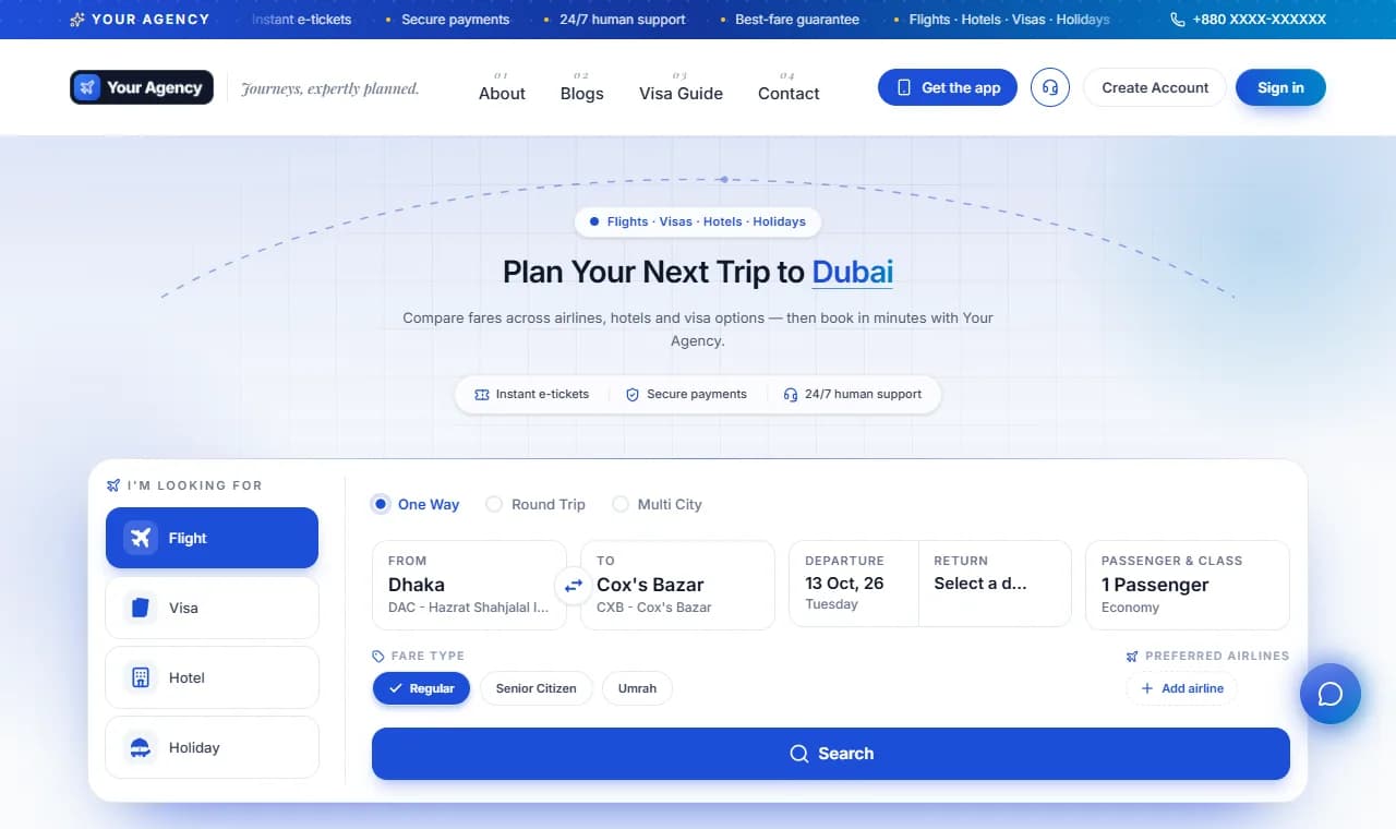 A white-label booking site styled with the Midnight Sapphire theme
